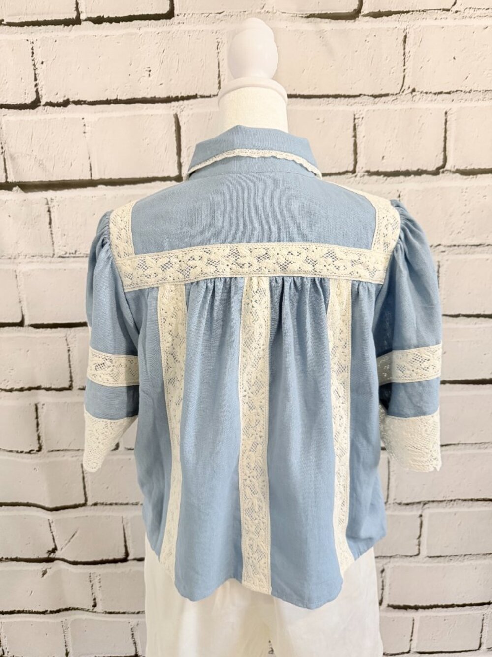 NWT Caroline Constas Blue Linen Lace Blouse Top Size S Cottagecore Boho - Picture 6 of 12